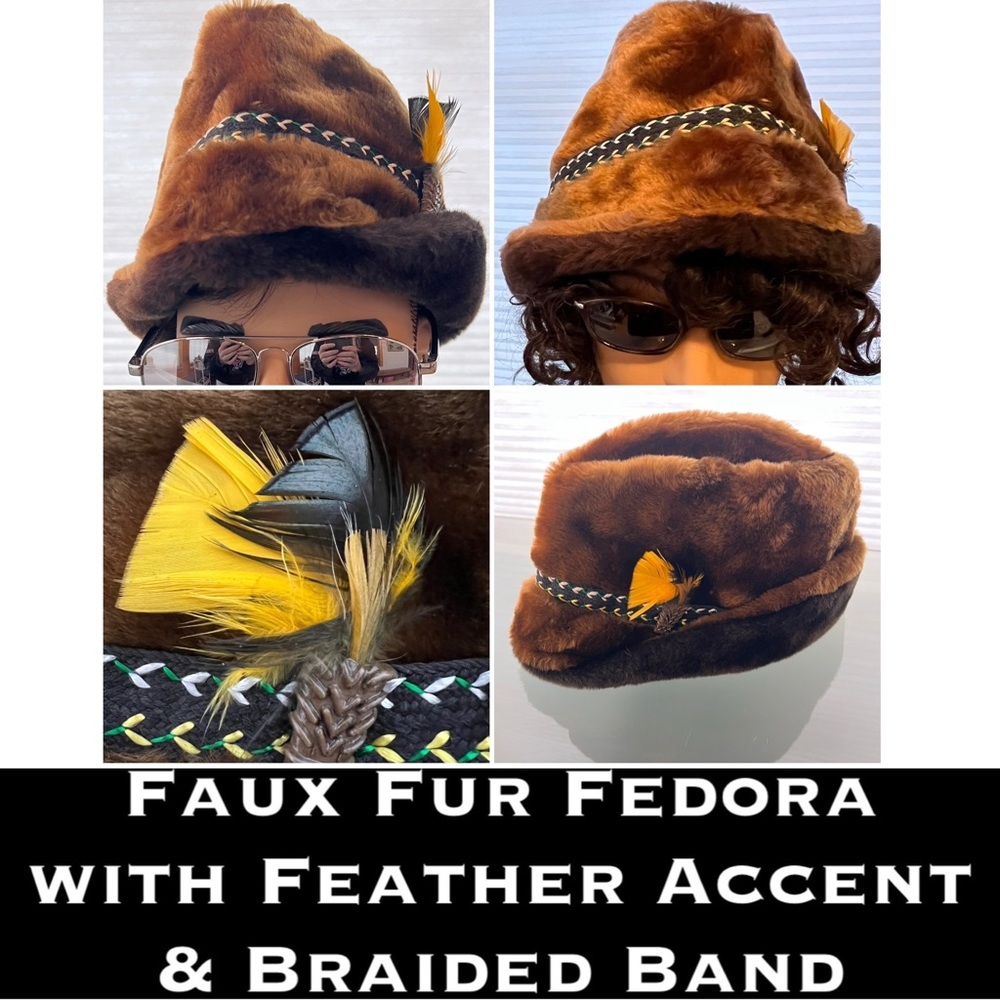 🪶Feather Accent 1950s Awesome Faux Fur Braided Band Union Made Plush Fedora XL